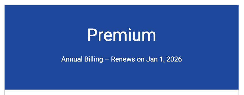 Zoom on the Premum plan with the message "Annual Billing – Renews on Jan 1, 2026"