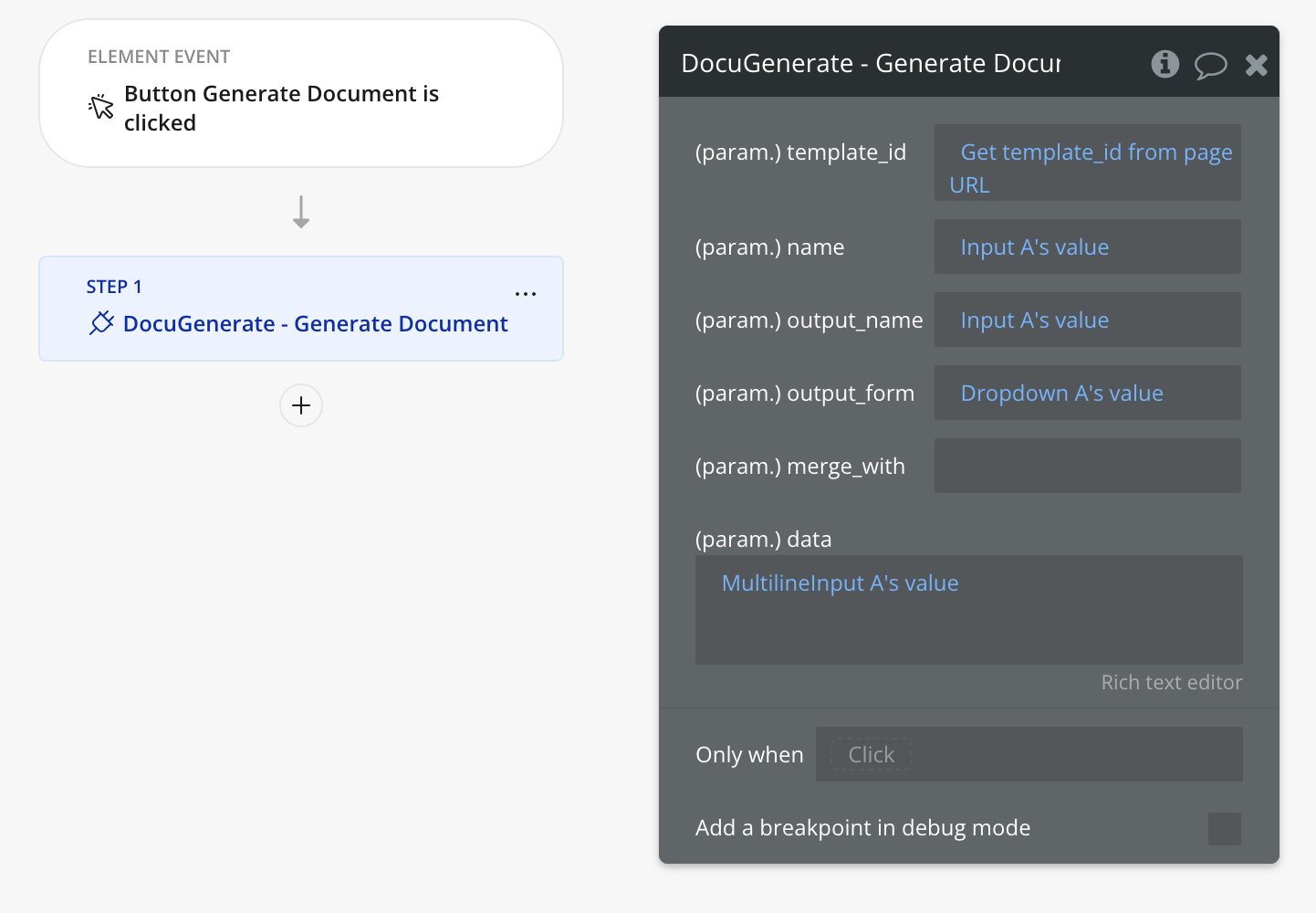 Generate document action