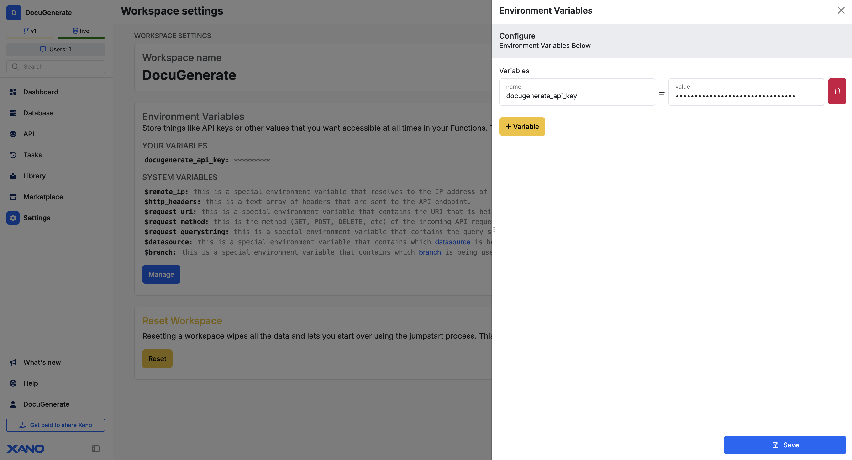 Configure the DocuGenerate API Key in Xano