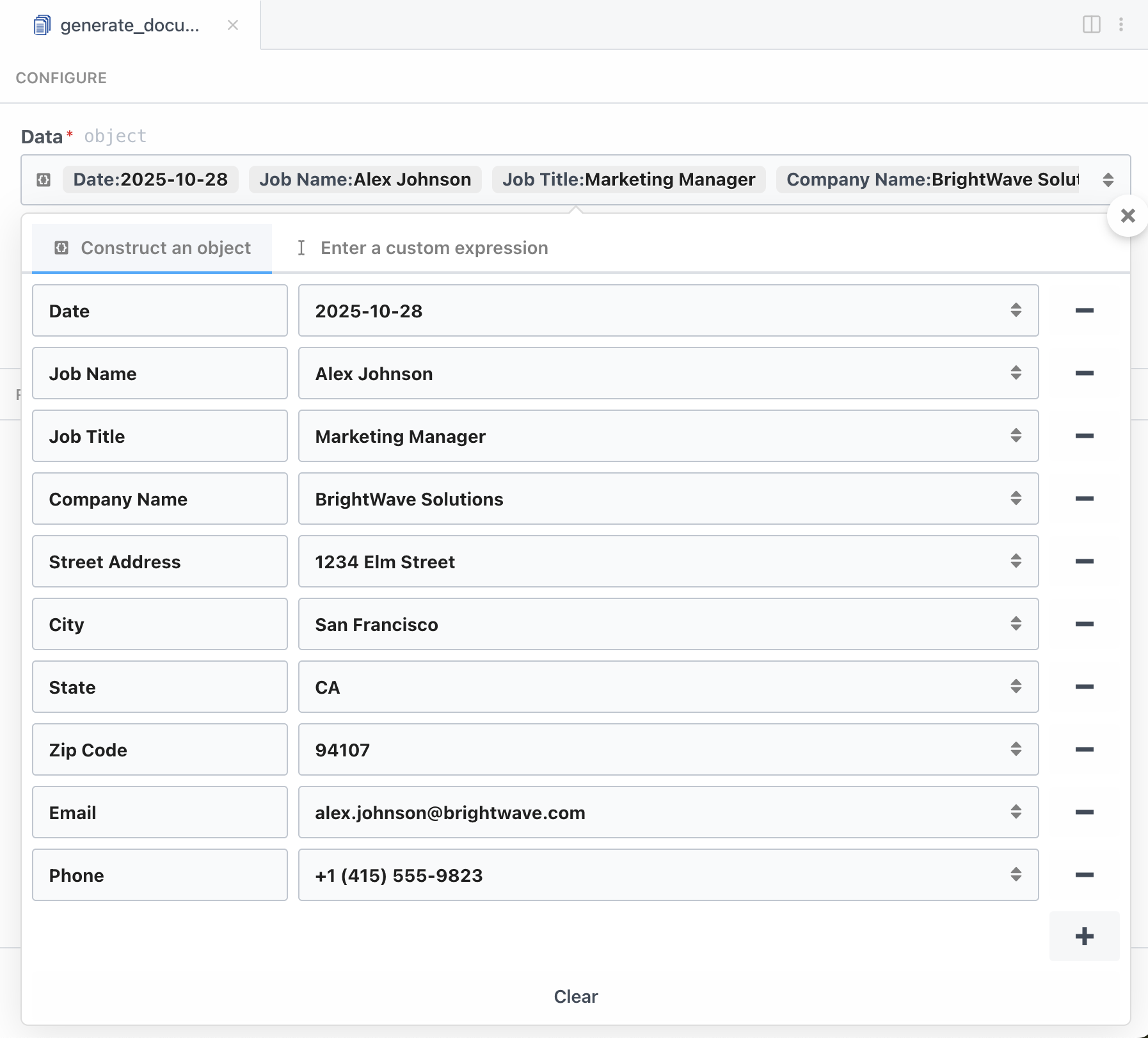 Generate document action with custom JSON