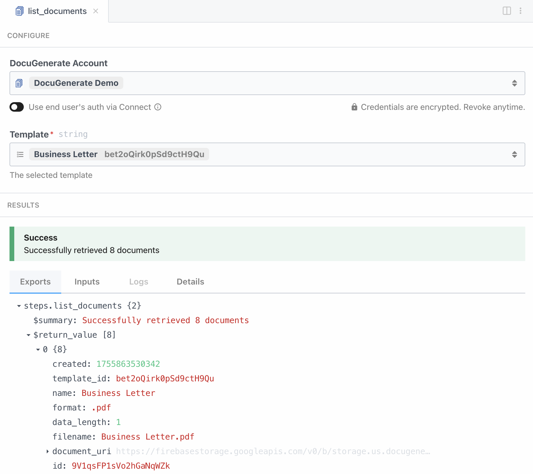 List documents action