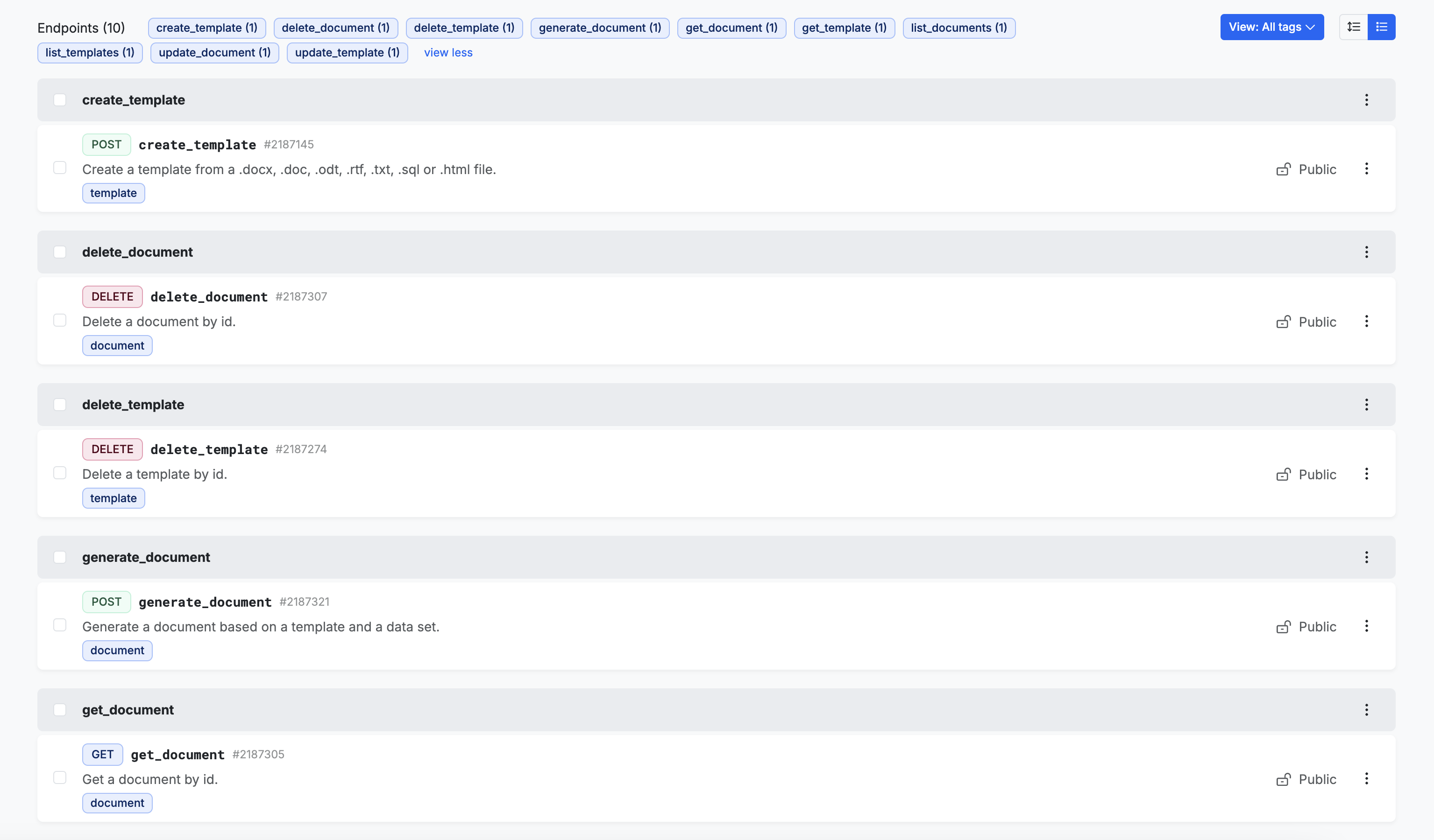 API endpoints that cover key operations such as creating, updating, deleting, and listing templates and documents, as well as generating documents from templates.