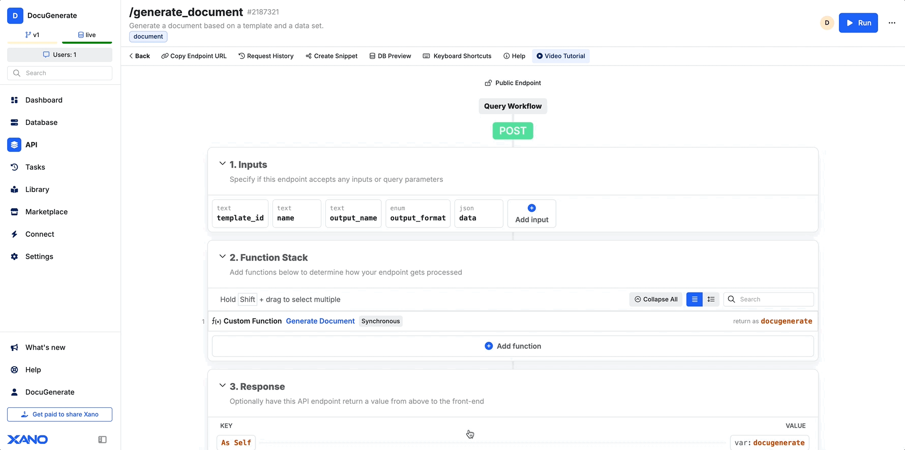 Generating a document from Xano by calling the DocuGenerate API