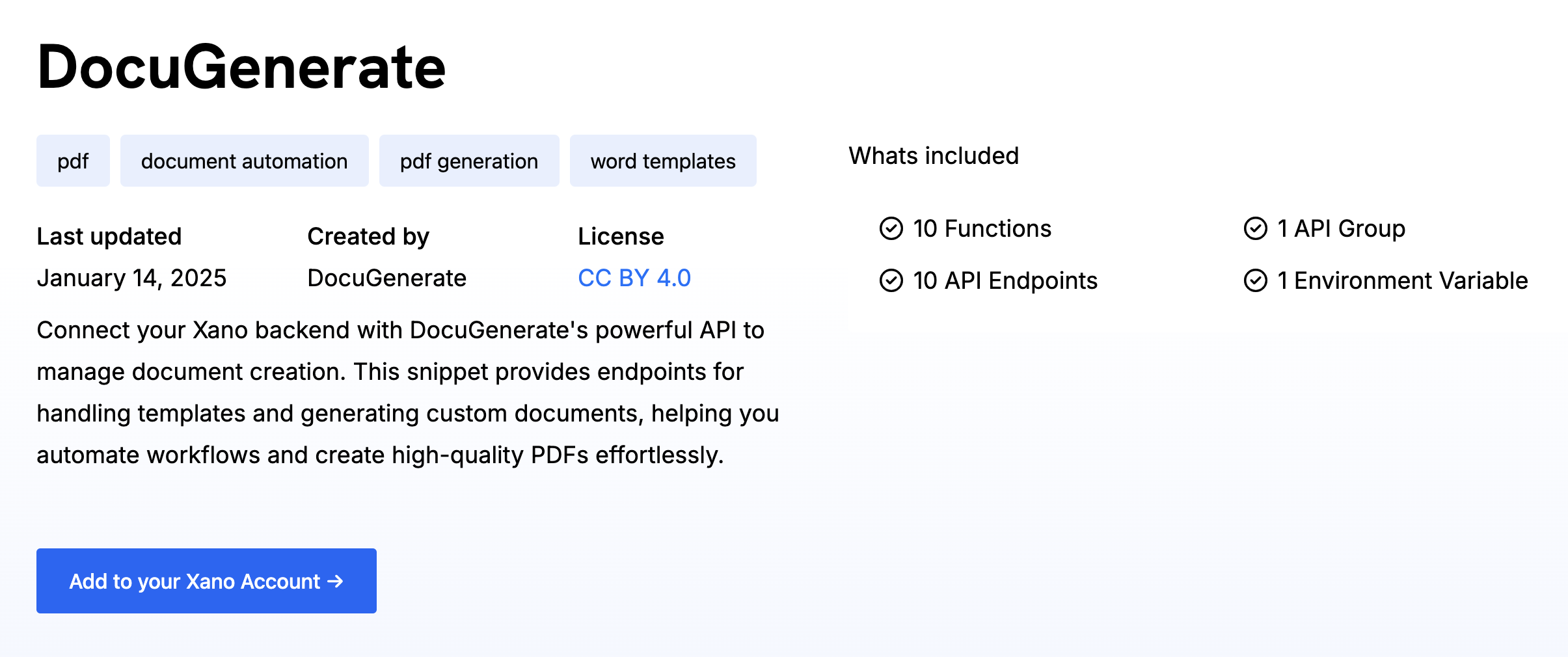 DocuGenerate snippet in the Xano marketplace