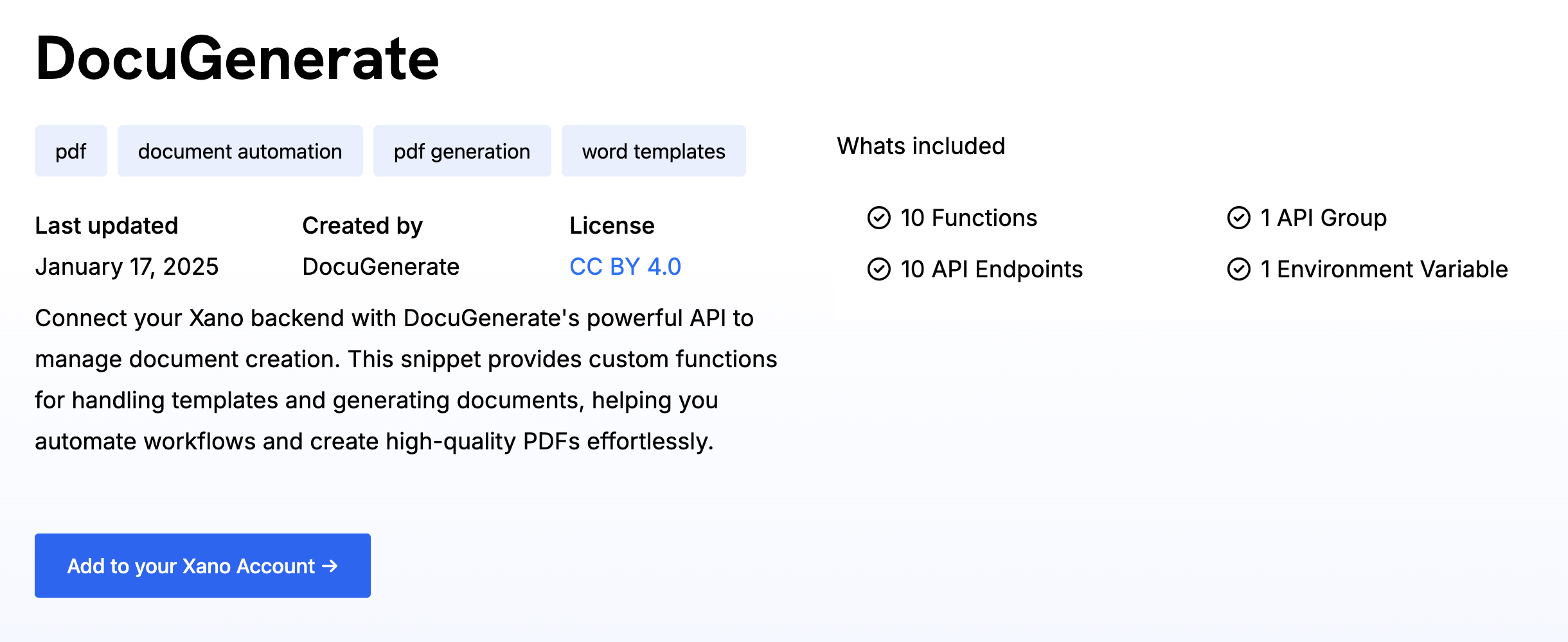 DocuGenerate snippet in the Xano marketplace