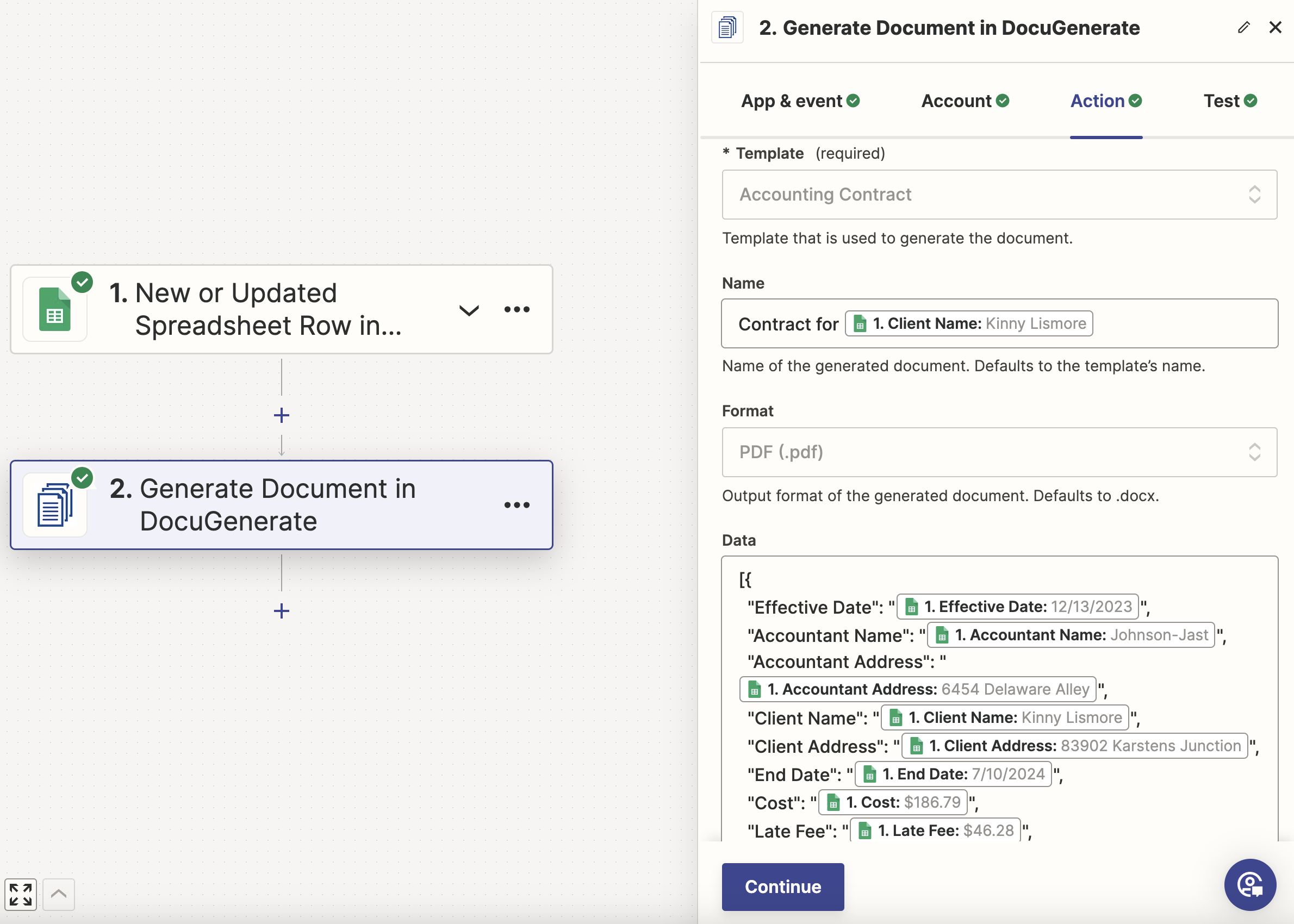 Set up the Generate Document Action parameters