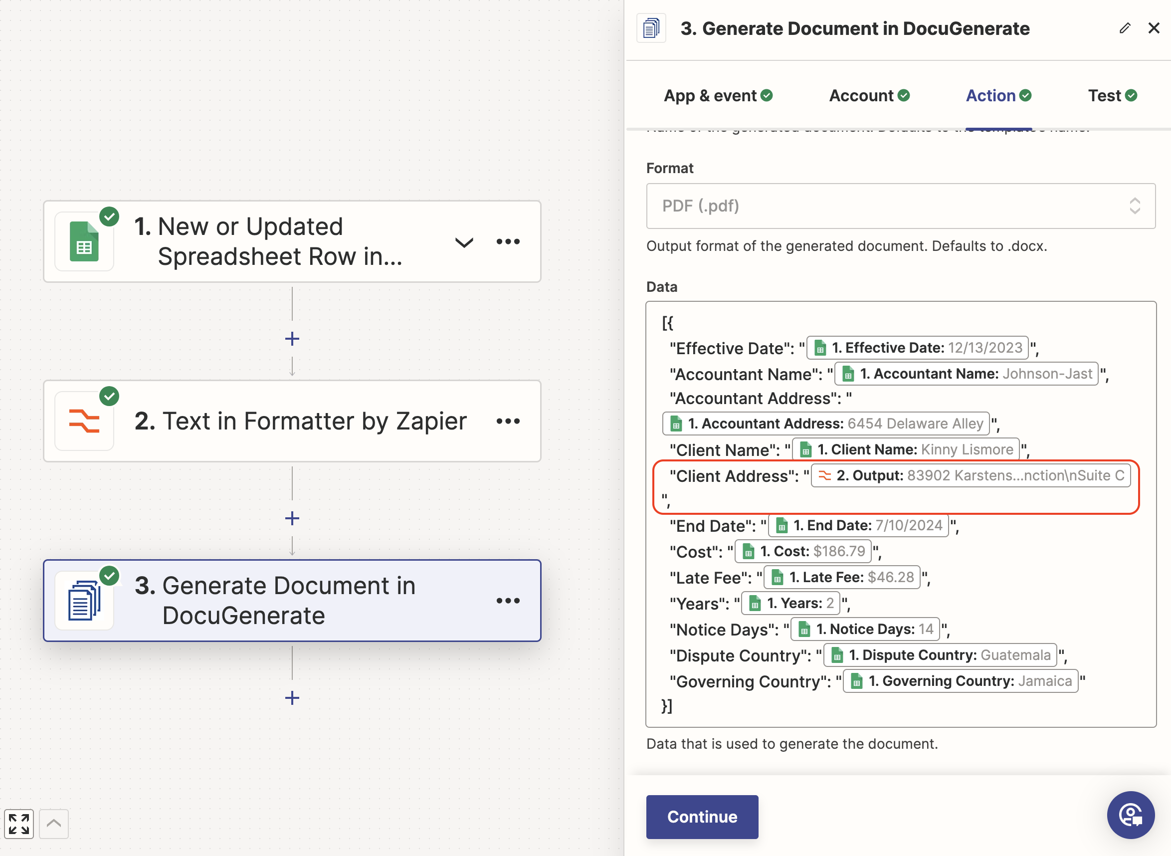 Use the formatted value in the Generate Document action