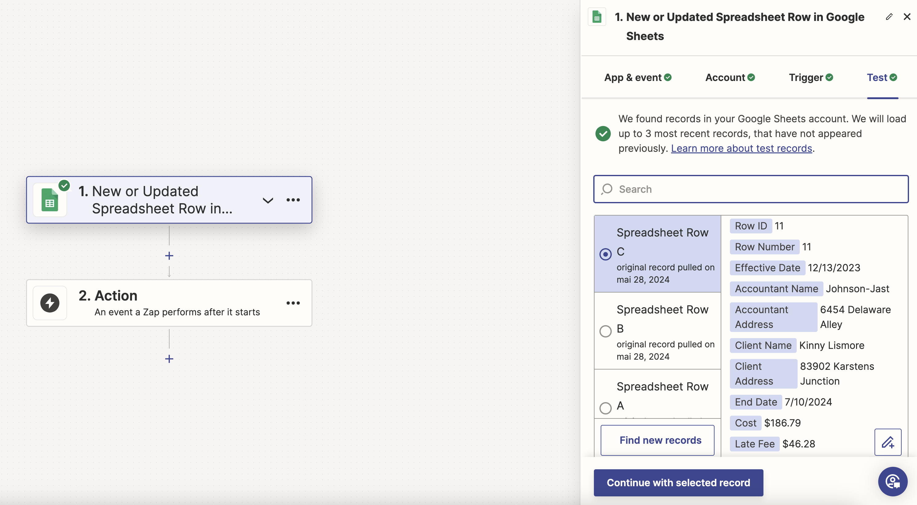 Test the Google Sheets App in the Zap