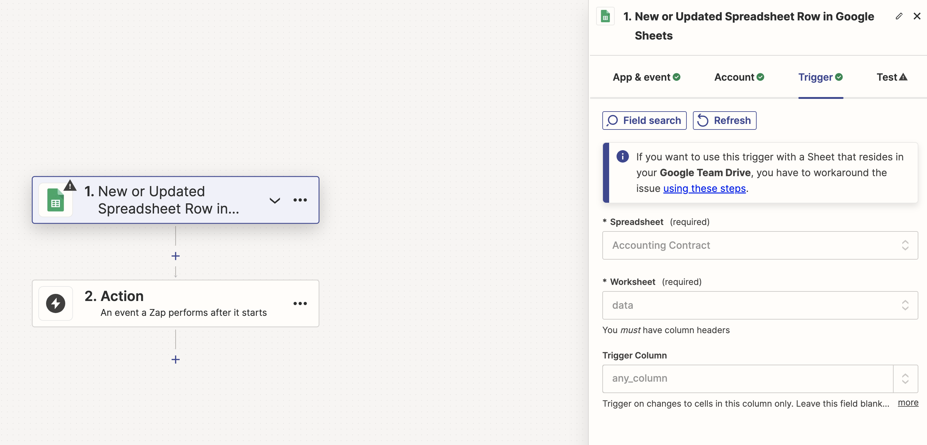 Set up the trigger on the Google Sheets App