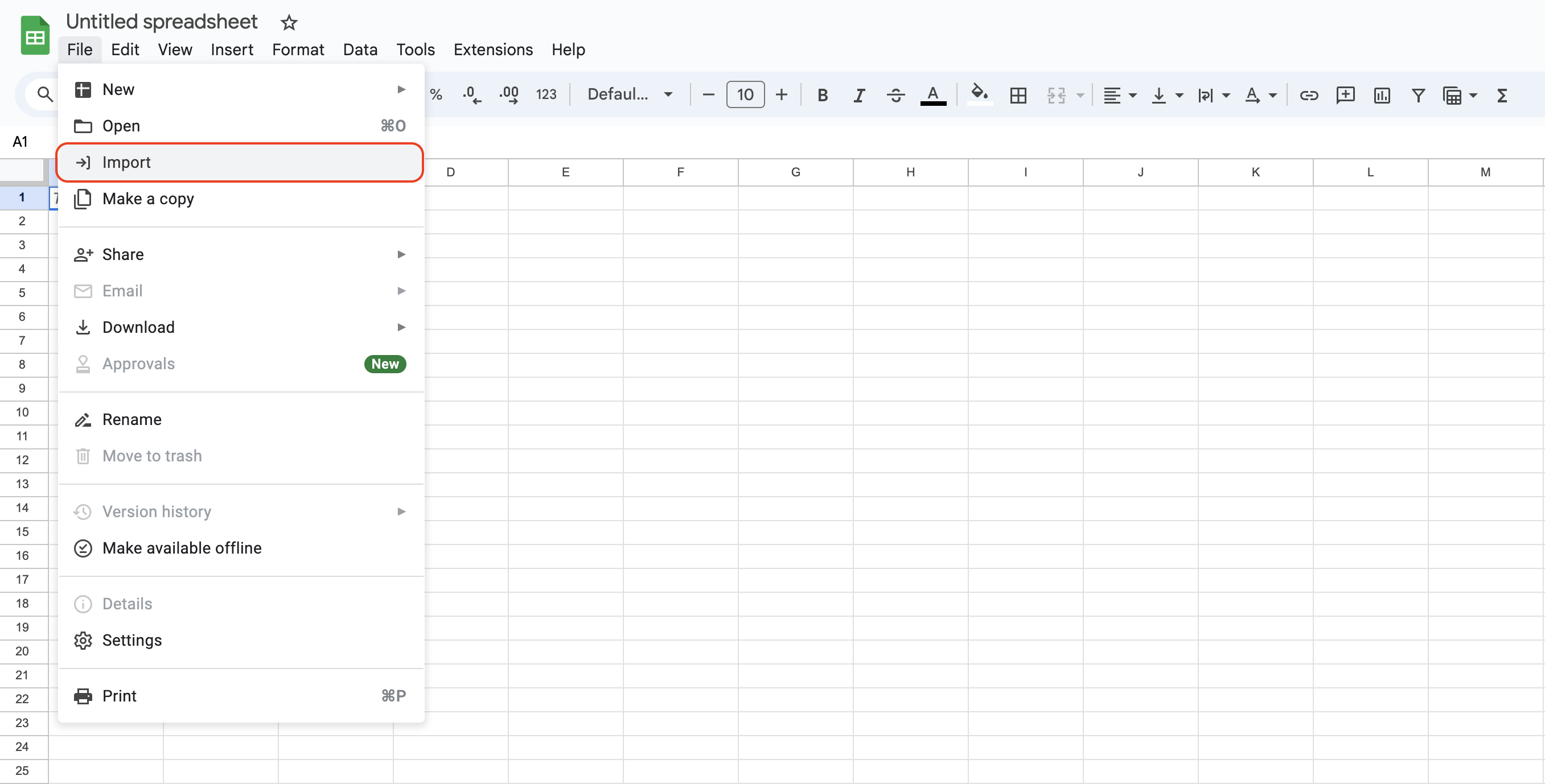 Select the File -> Import option in Google Sheets