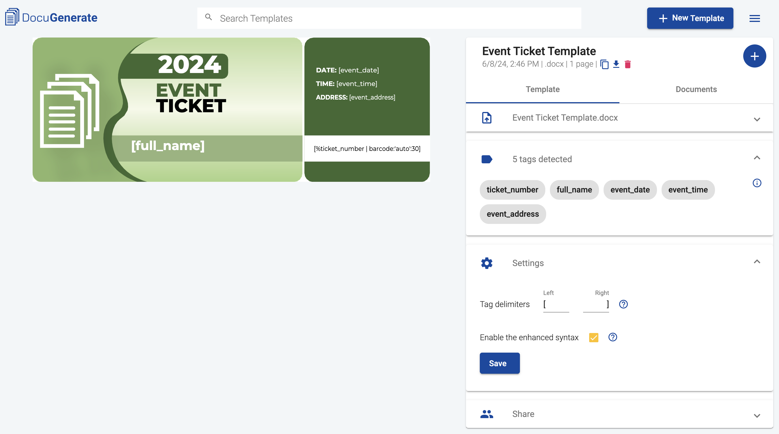 The "Event Ticket Template" on DocuGenerate
