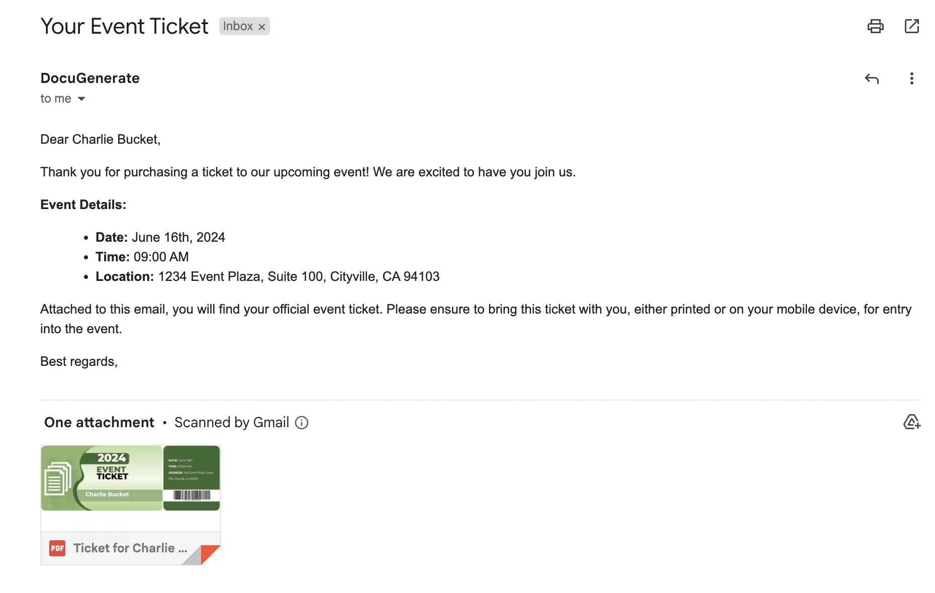 Email with the generated PDF ticket attached