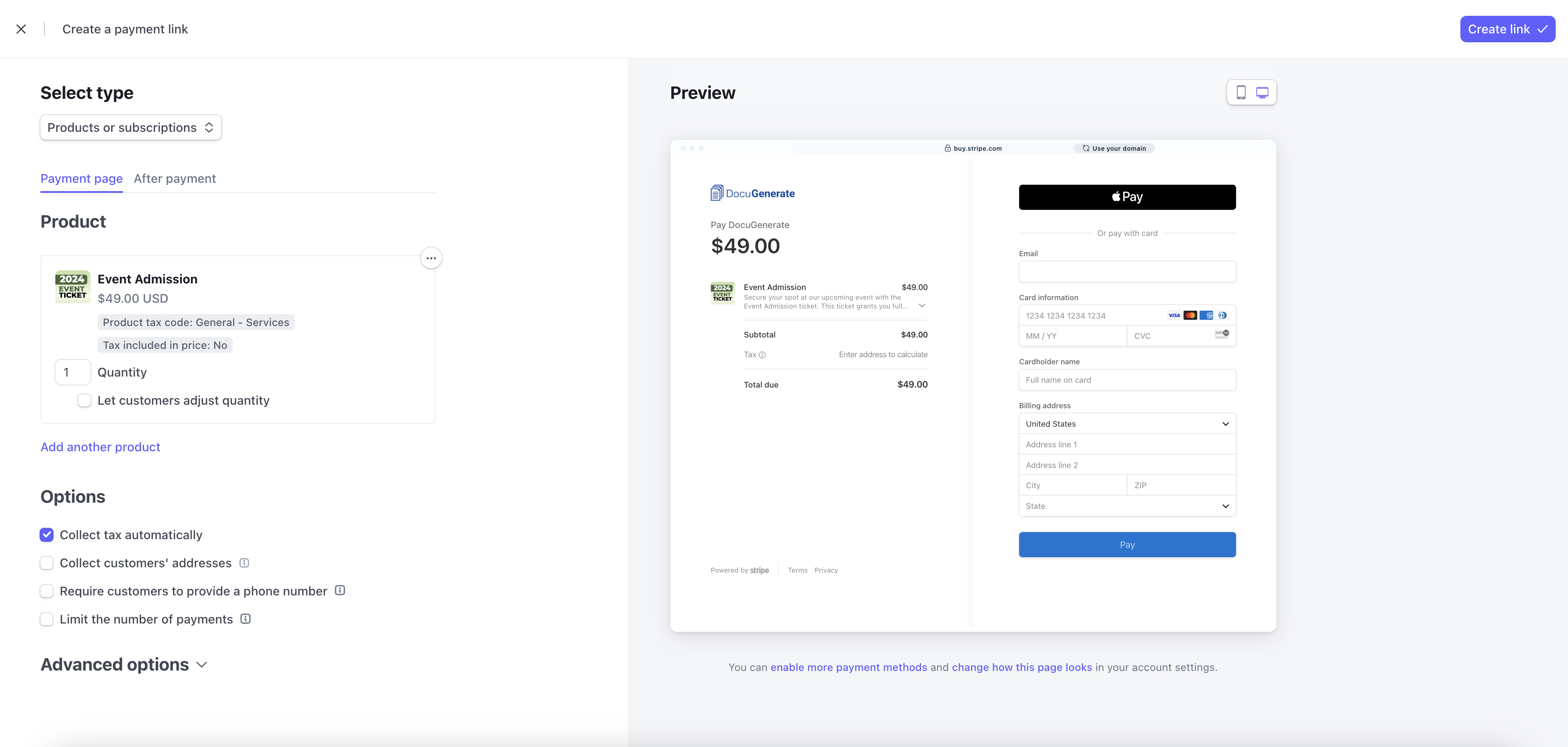 Payment link creation for the "Event Admission" product