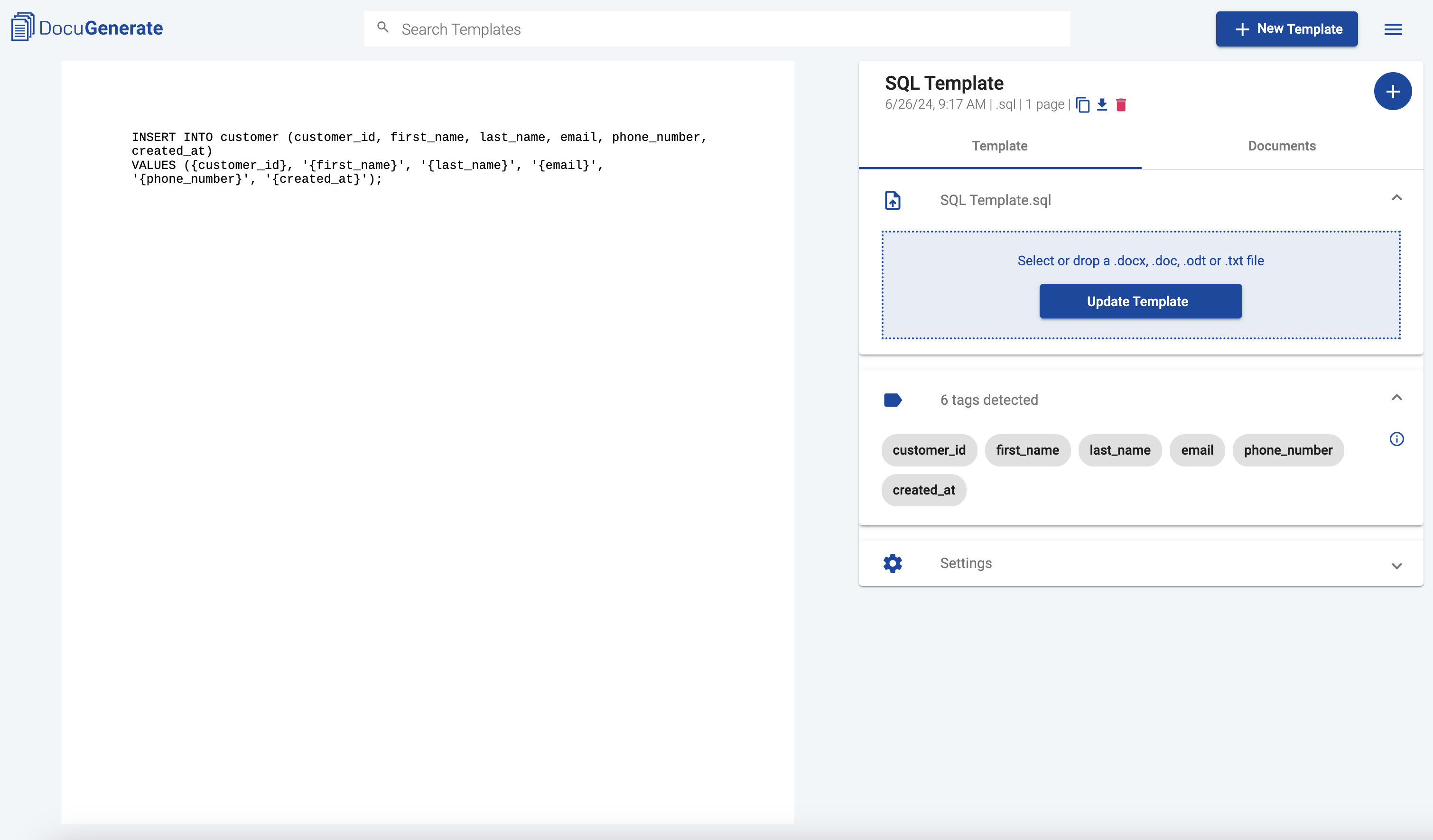 SQL template on DocuGenerate