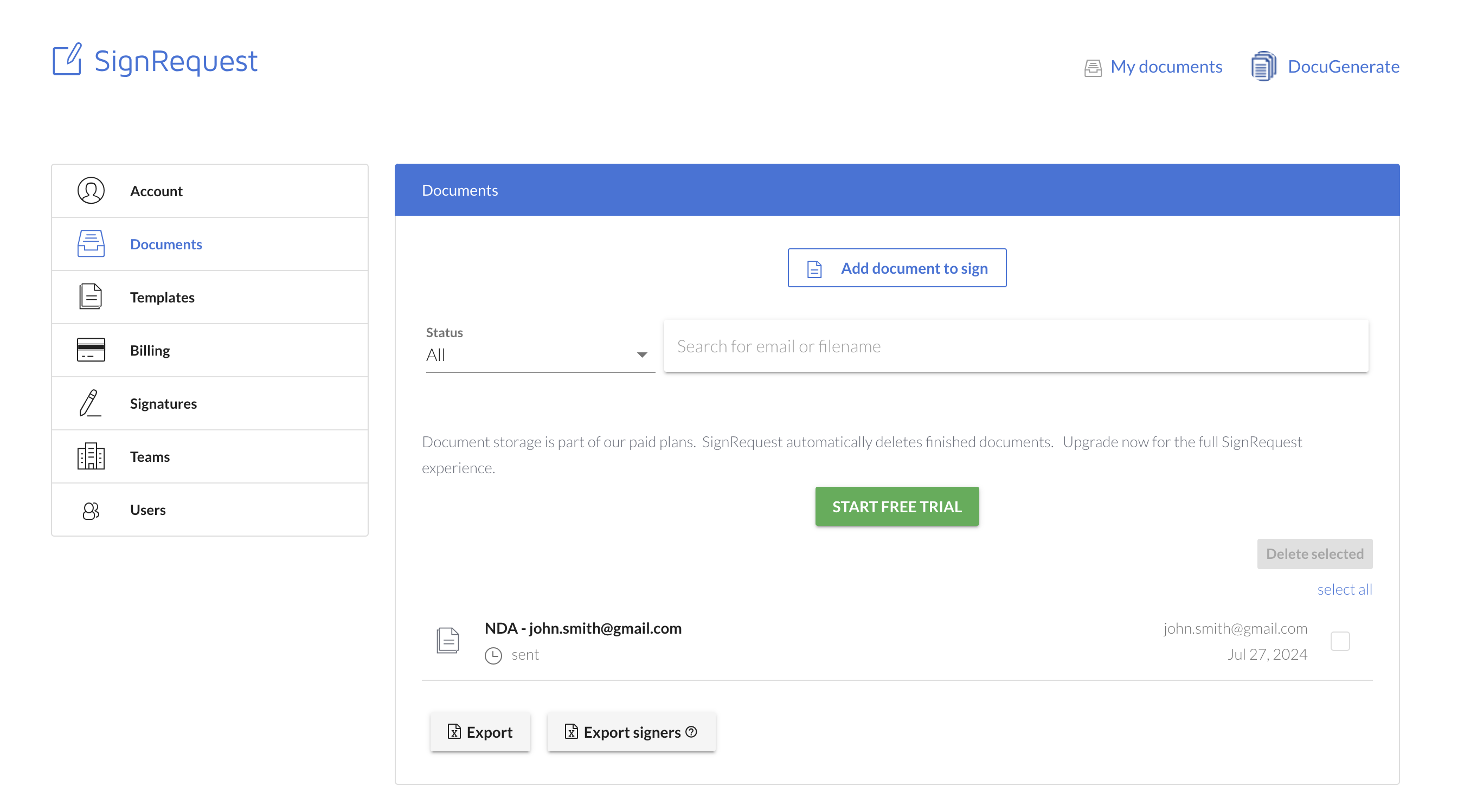 Screenshot of the SignRequest dashboard showing the NDA document