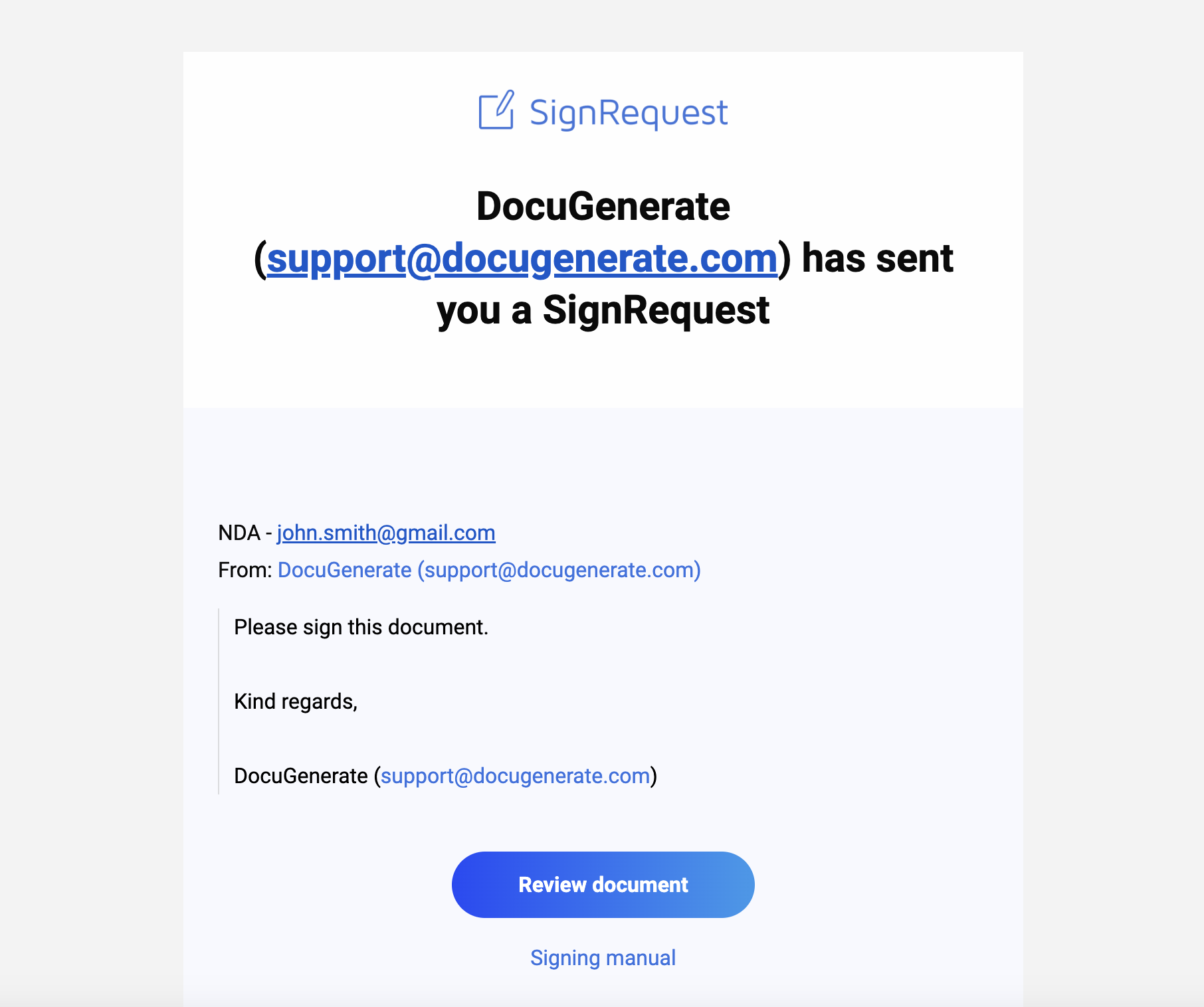 Screenshot of the email received by the recipient