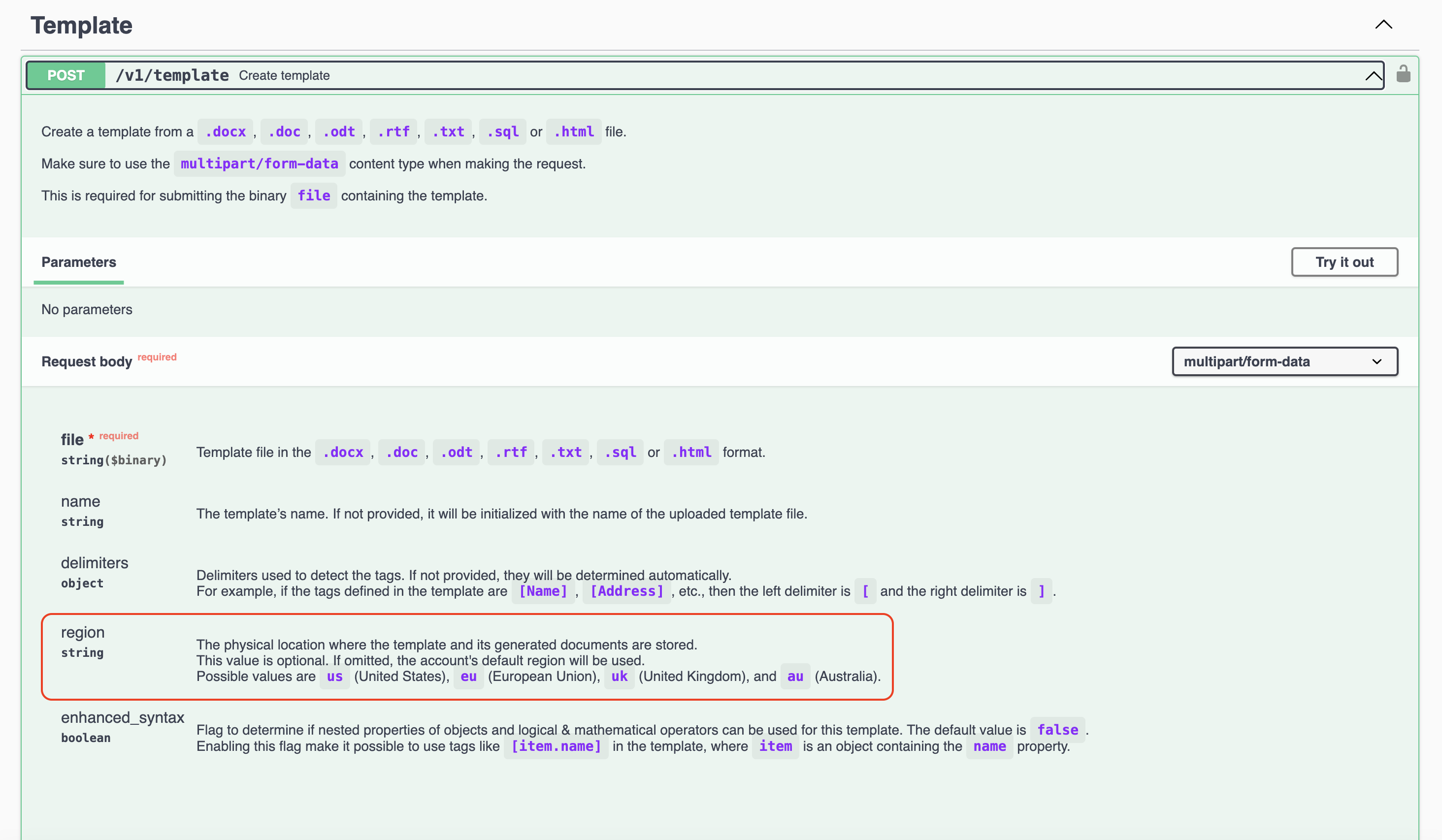 Specify the region when creating a template using the API