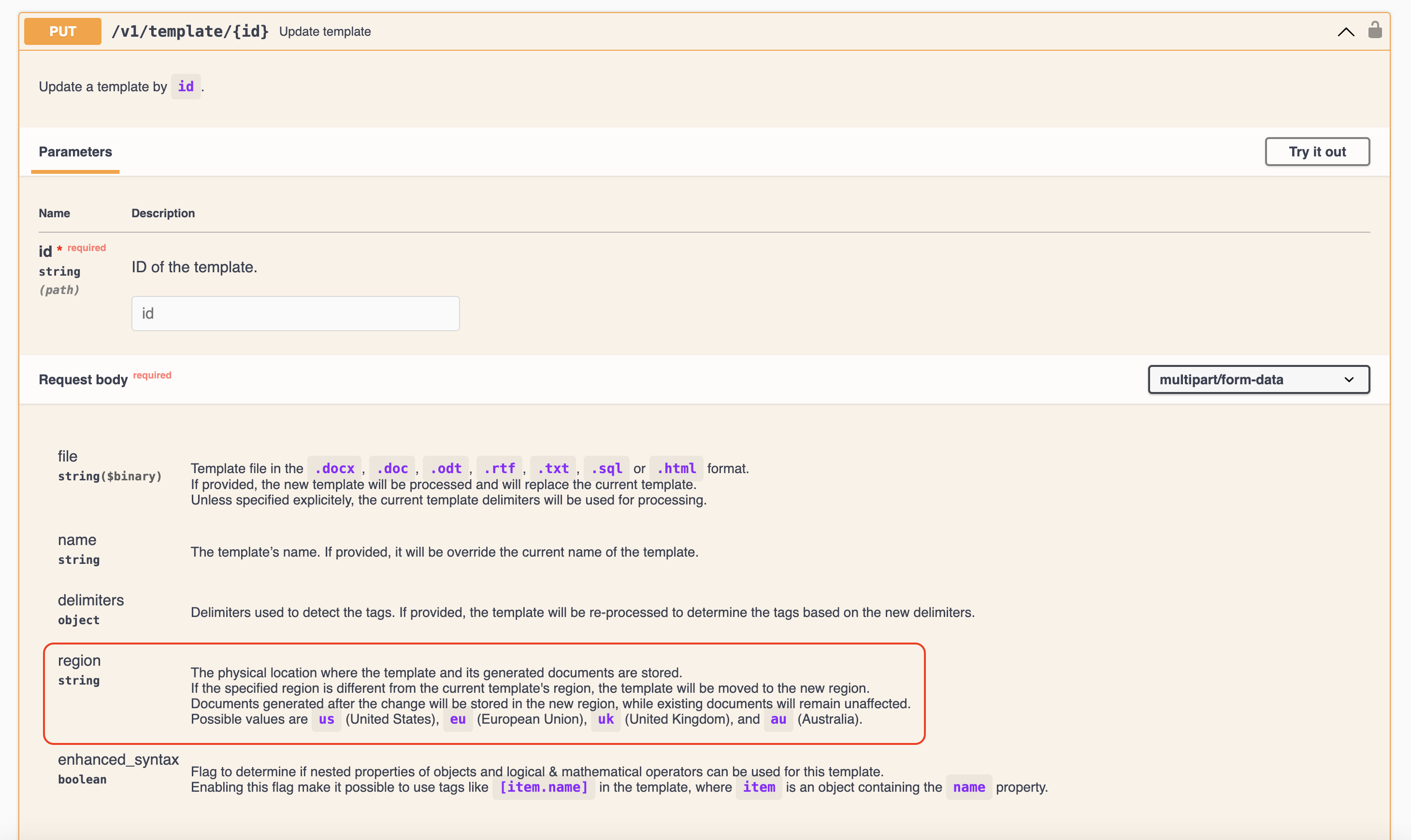 Specify the region when updating a template using the API