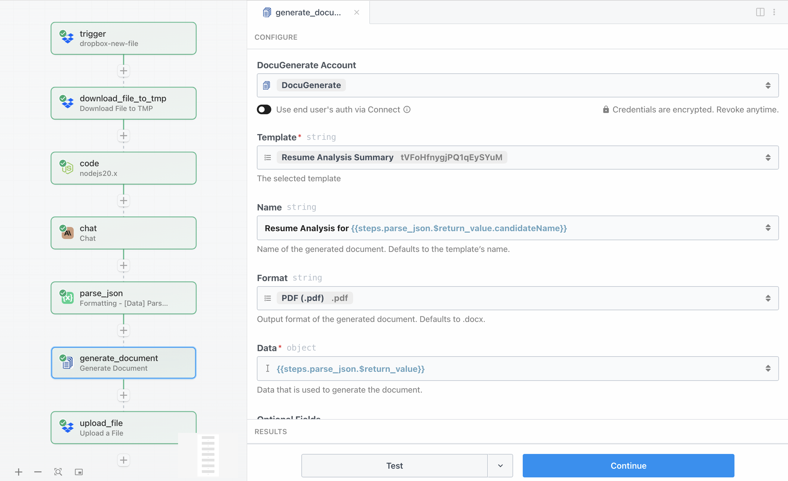 Screenshot of DocuGenerate API configuration