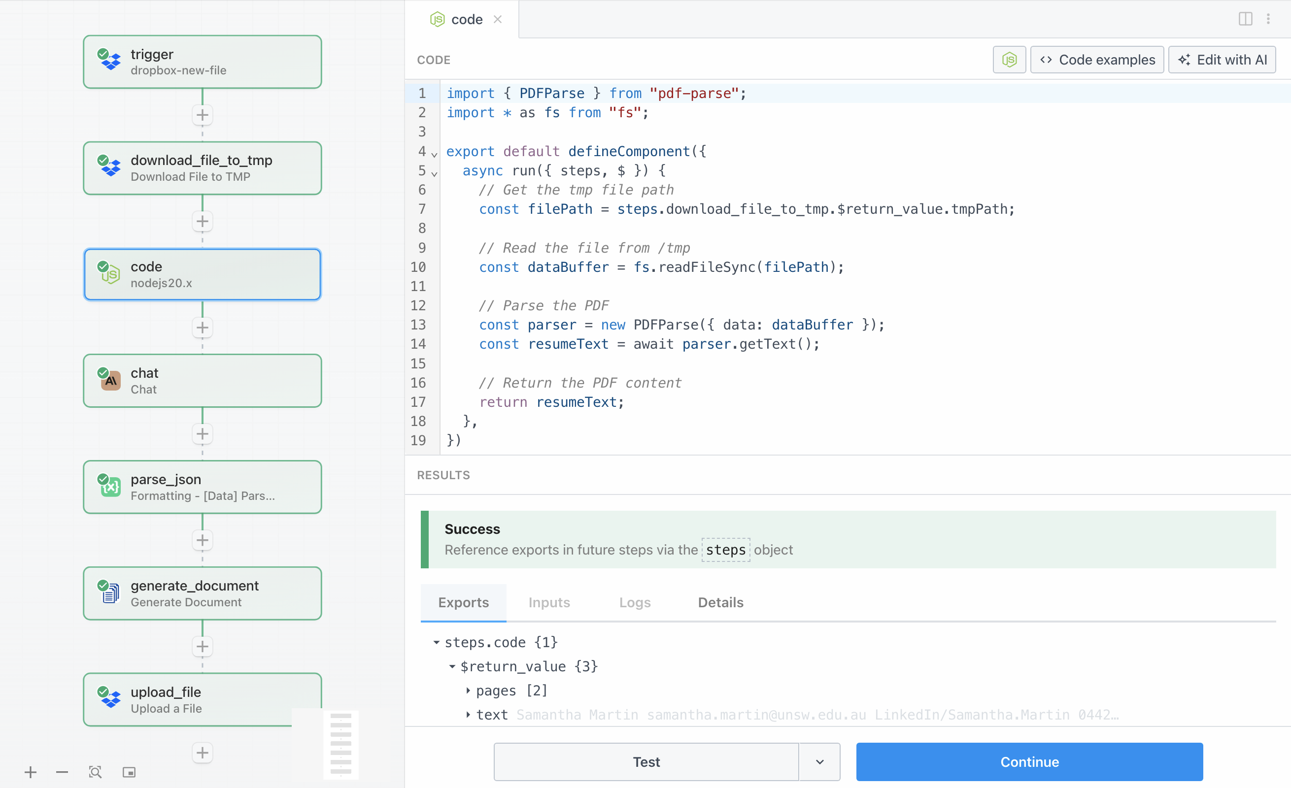 Screenshot of text extraction code