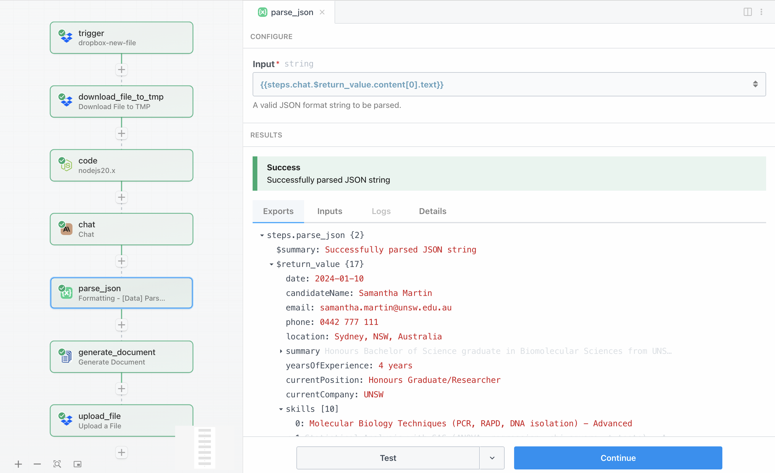 Screenshot of Parse JSON configuration