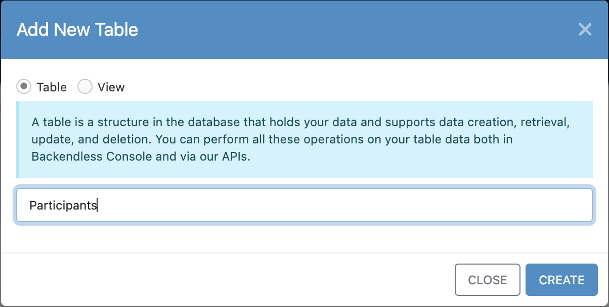 Creating the Participants table in Backendless
