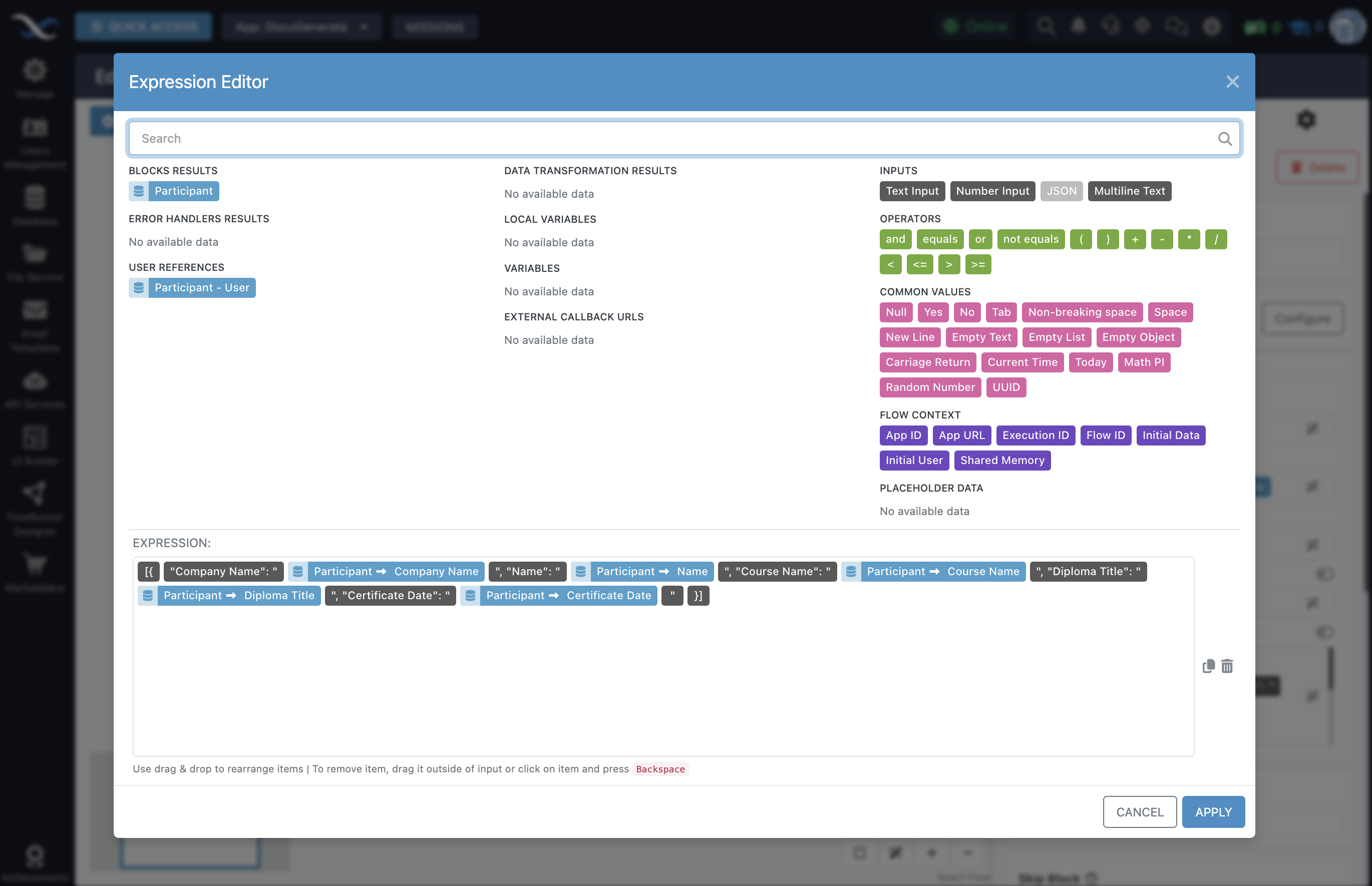 Expression input for constructing the Data parameter