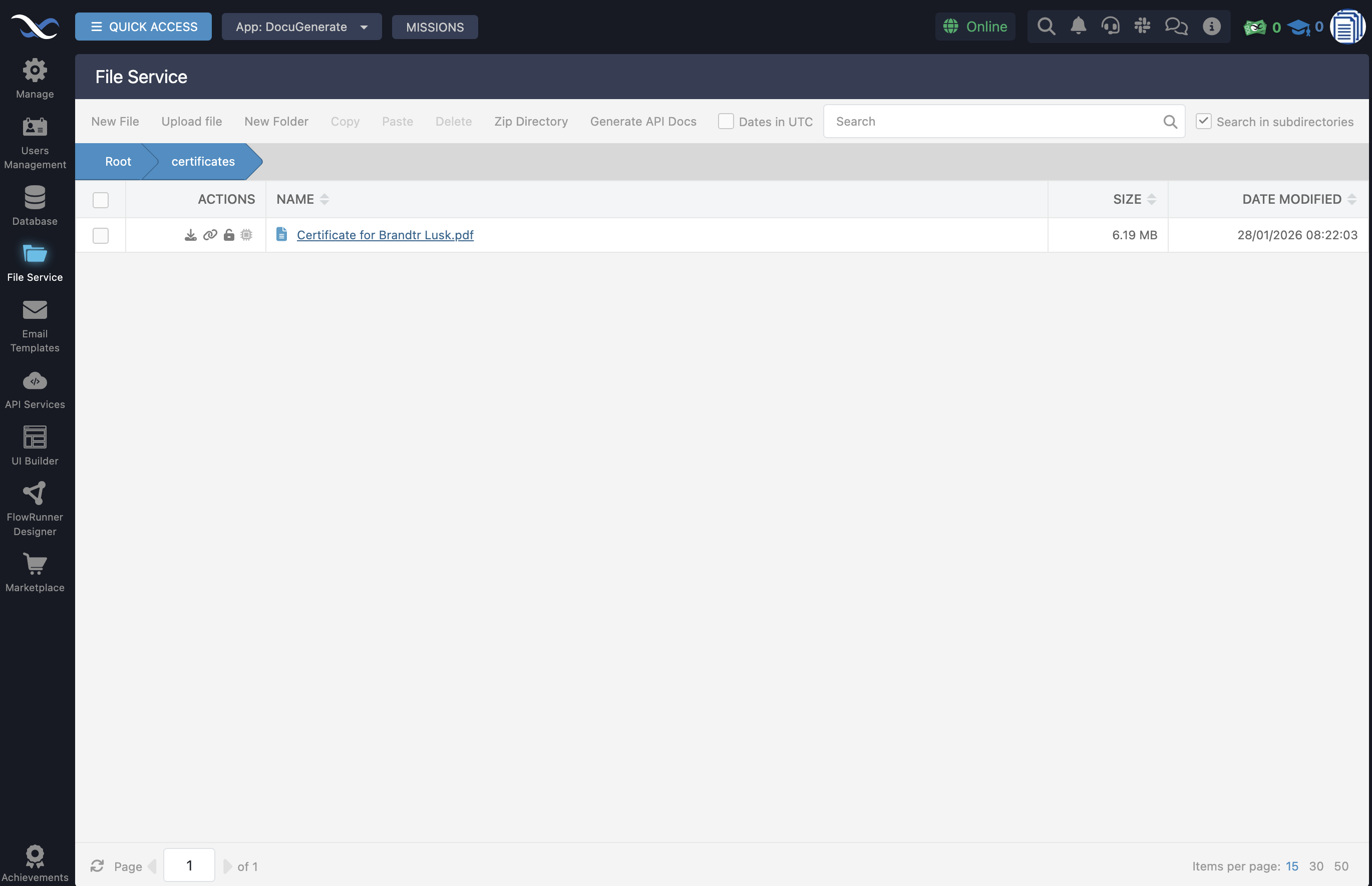Certificate PDF saved in the Backendless File Service