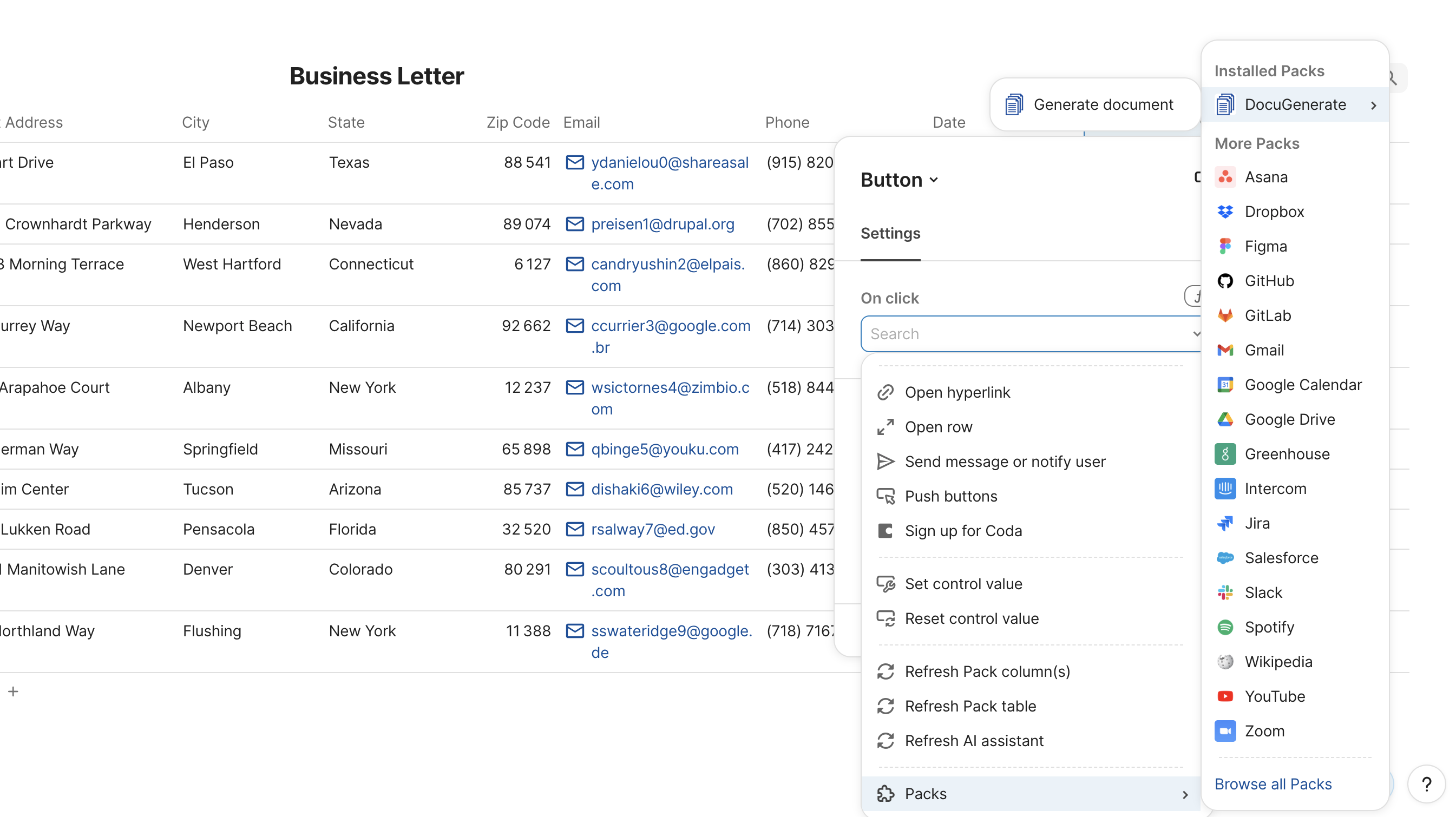 Selecting the Generate Document action from the DocuGenerate Pack