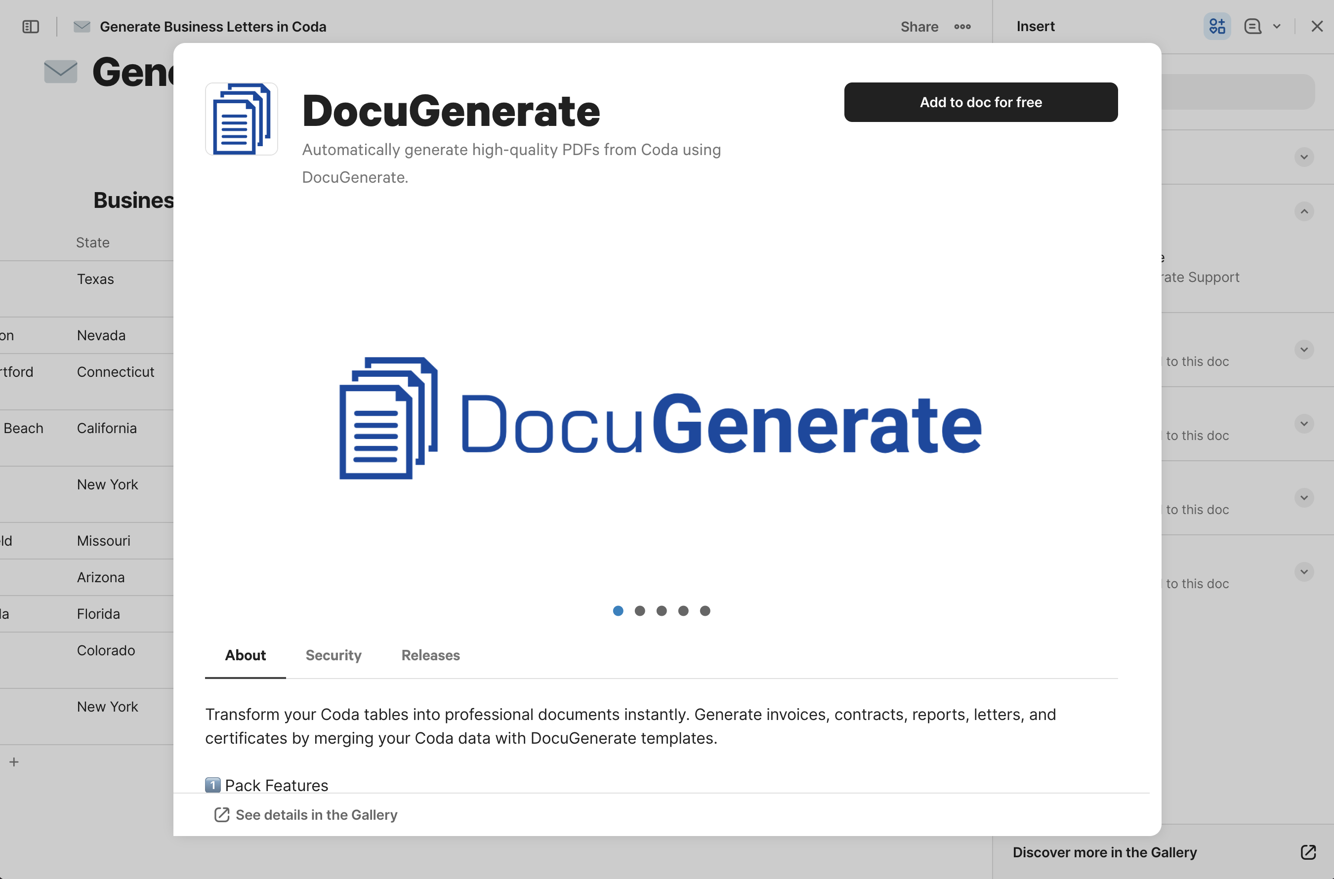 Adding the DocuGenerate Pack to the Coda document