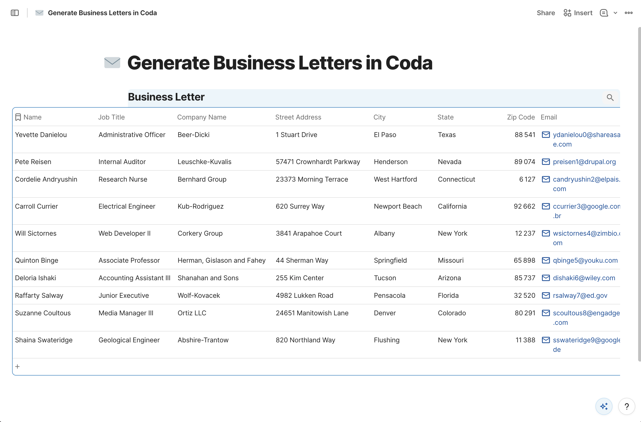 Pasting the Business Letter dataset into a Coda table