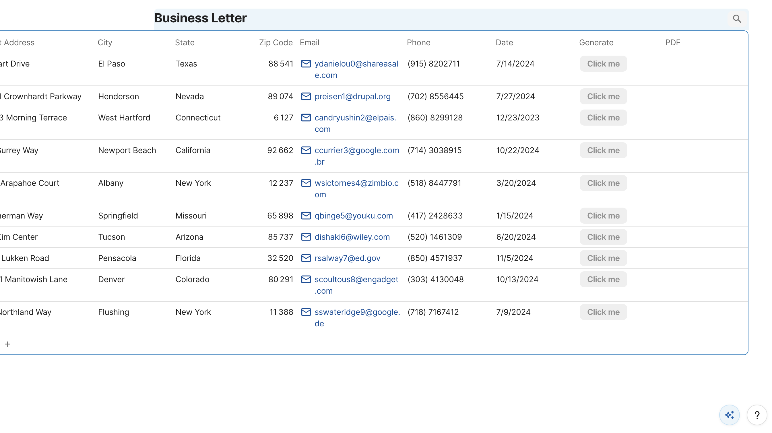 Business Letter table with the Generate and PDF columns added