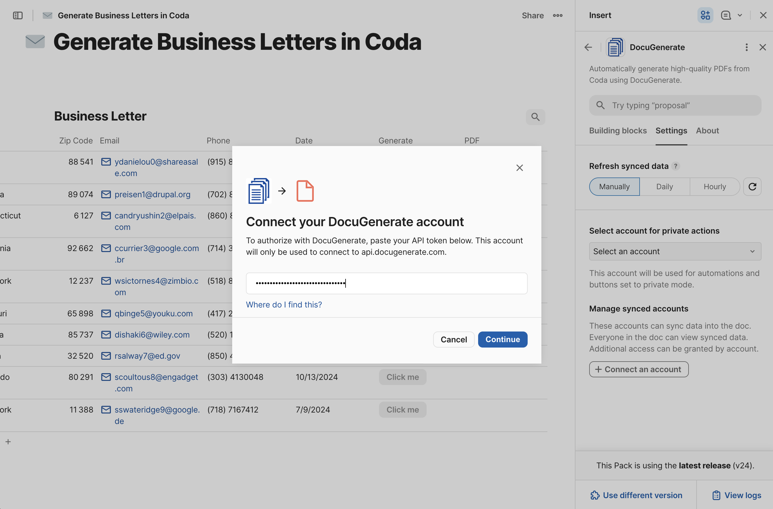 Connecting a DocuGenerate account in Coda Pack settings