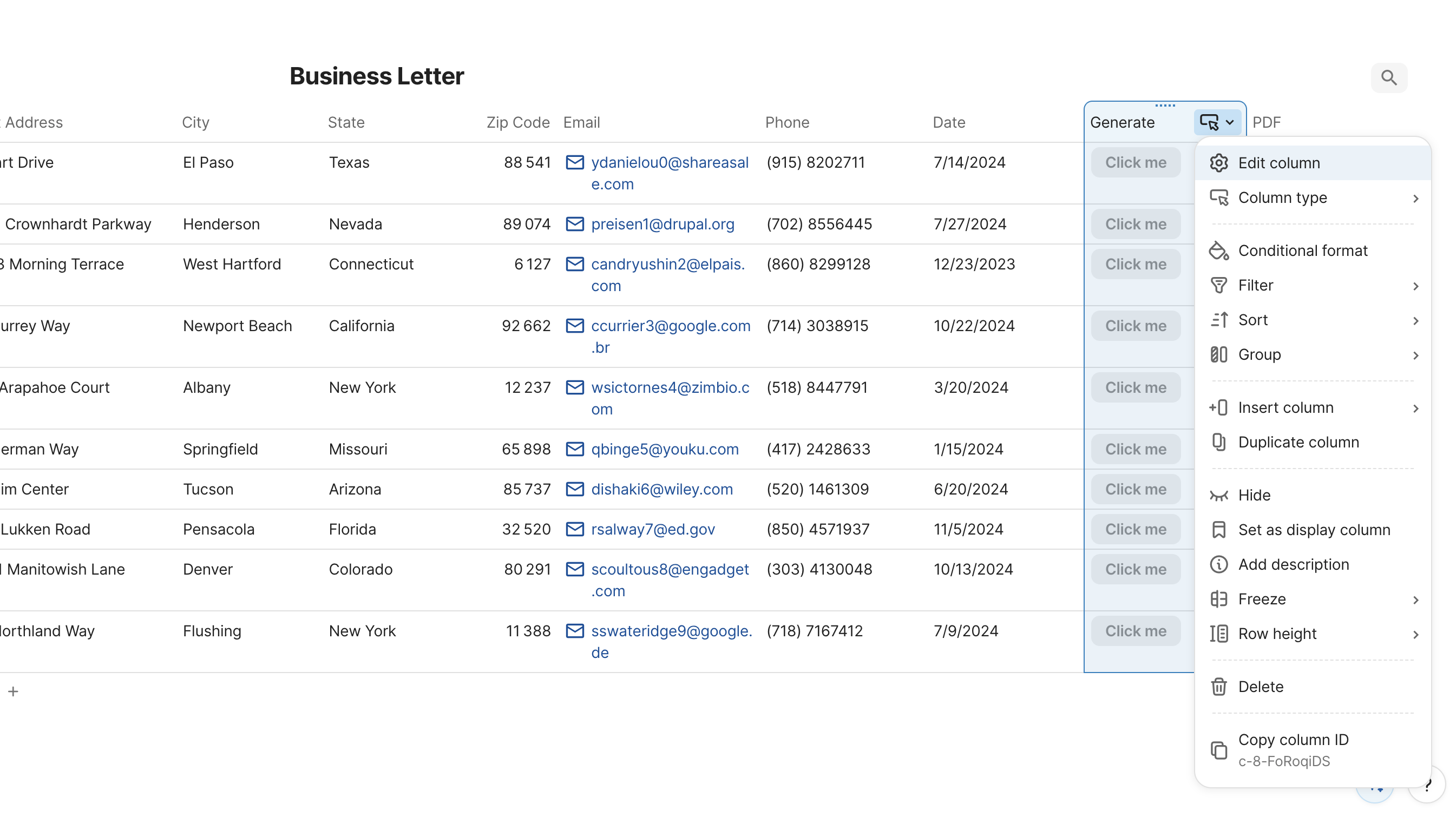 Opening the Edit column panel for the Generate column