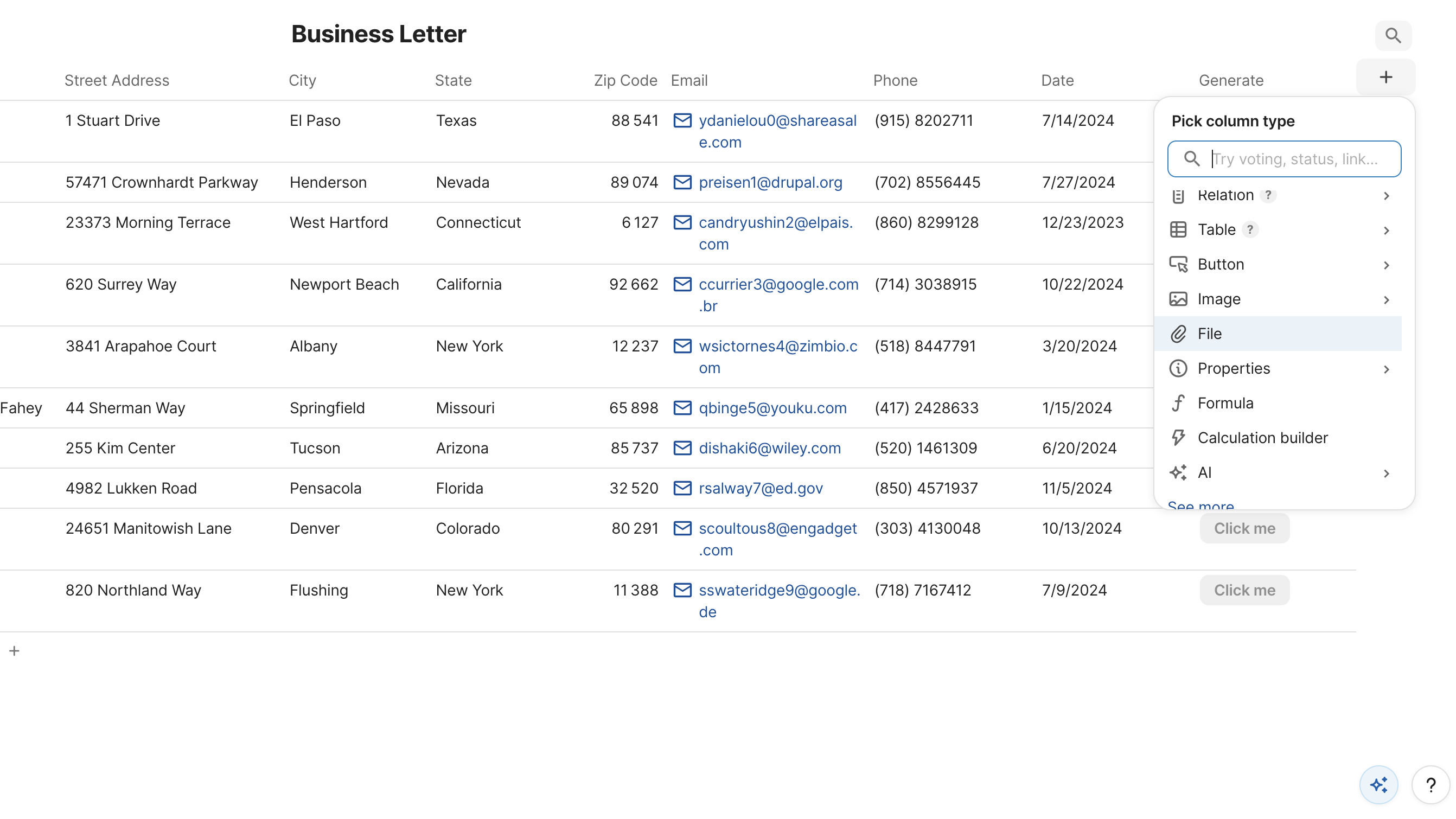 Adding a File column to the table